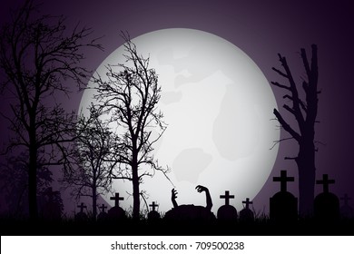 Vector realistic illustration of a haunted cemetery with tombstones and hand zombie, cross and trees without leaves under a dramatic sky with moon
