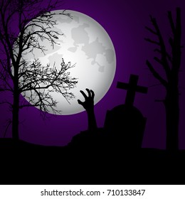 Vector realistic illustration of a haunted cemetery with tombstones and hand zombie, cross and trees without leaves under a dramatic sky with moon