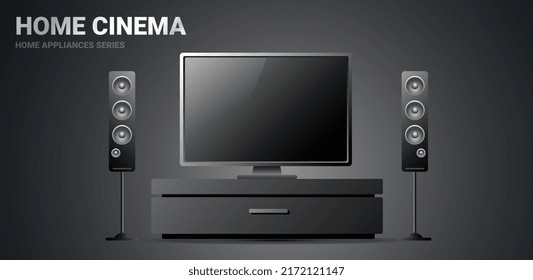 Vector realistic illustration of home cinema with audio system on dark background. 3d style television with music speaker appliances design for web, site, banner, print, poster