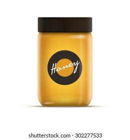 Vector realistic illustration of honey or jam jar. Yellow is global color. Easy editable. CMYK mode. Print ready. 