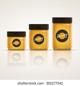 Vector realistic illustration of honey or jam jar collection. Yellow is global color. Easy editable. CMYK mode. Print ready. 