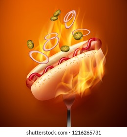 Vector realistic illustration of hot dog with grilled sausage in bun with sesame and falling jalapenos and onion on fork in fire isolated on background. Concept cooking on flame or spicy food