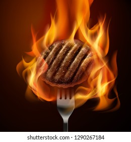 Vector realistic illustration of hot grilled beef patty on fork with open fire isolated on dark background. Concept cooking burgers on flames.