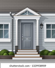 Vector realistic illustration of house facade with front wooden door with with a canopy on the columns and decorative gardening. Part of facade with tiled roof, windows, porch, lanterns, drain pipes