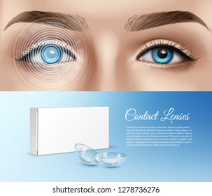 Vector realistic illustration of human blue eye and eyebrows with graphical interface. Concept smart contact lens and box for packaging template isolated on background with space for text