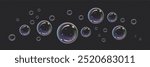 Vector realistic illustration with the image of soap bubbles of round shape, different sizes on an isolated transparent dark background. Transparent flying liquid bubbles for design.