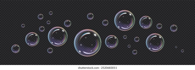 Vector realistic illustration with the image of soap bubbles of round shape, different sizes on an isolated transparent dark background. Transparent flying liquid bubbles for design.