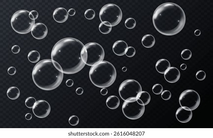 Vector realistic illustration with the image of soap bubbles of round shape, different sizes on an isolated transparent dark background. Transparent flying liquid bubbles for design.