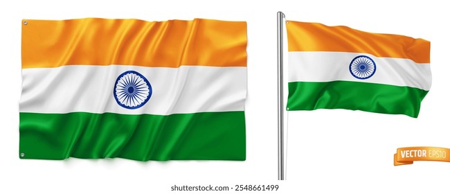 Vector realistic illustration of Indian flags on a white background.