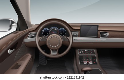 Vector realistic illustration of interior inside car with leather wheel land dashboard in brown color. Driver's seat, steering wheel and control panel