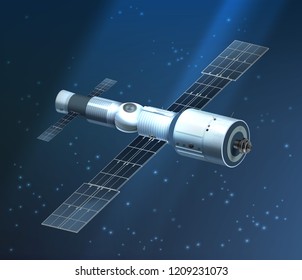 Vector realistic illustration of international space station orbiting isolated on starry background. Science fiction wallpaper with spacecraft