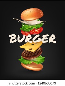 Vector realistic illustration of jumping burger with title,  delicious exploded hamburger with ingredients: lettuce, onion, patty, tomato, cheese, mayonnaise and bun isolated on black background