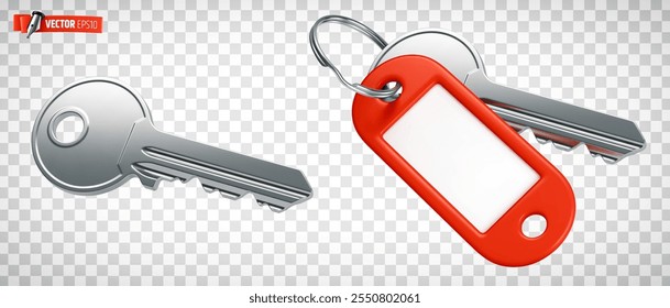 Vector realistic illustration of keys with an empty red label on a transparent background.
