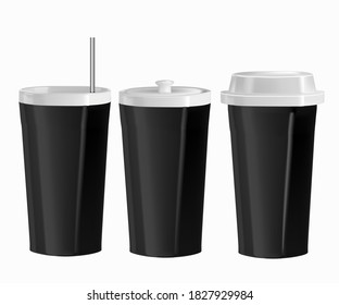 Vektorrealistische Illustration von Küchenutensilien. Einzelbild der Becher mit Deckel und Stroh. Seitenansicht. Weiße und schwarze Gerichte auf weißem Hintergrund.