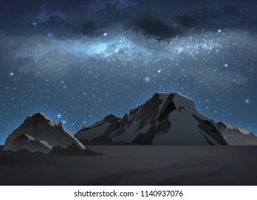 Vector ilustración realista del paisaje con la vía láctea azul en las montañas en el cielo nocturno con las estrellas. Fondo espacial con galaxia y rocas altas, picos y crestas