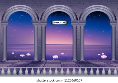 Vector realistic illustration of a landscape outside the window railing columns and arches, night view of the stars and Lotus flowers in the water.