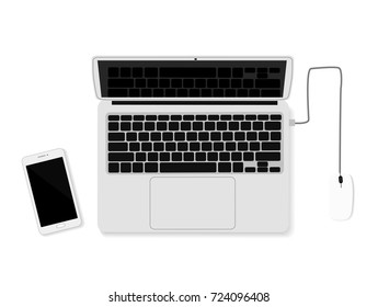A vector realistic illustration - a laptop computer with a mouse and mobile phone. Work place isolated on white background.