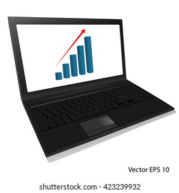 Vector, realistic illustration of a laptop with a graph on the screen. For graphic and web design.