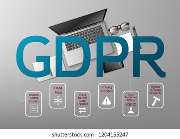 Vector realistic illustration of laptop top view and stationery isolated on background. General Data Protection Regulation or GDPR with icons. Concept of privacy laws for users