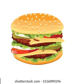 Vector realistic illustration of large double beef cheseburger with fresh vegetables onion, lattuce, cucumber and tomato isolated on white background