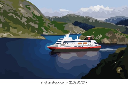 Vector realistic illustration of a large white cruise ship isolated against the blue sky of mountains