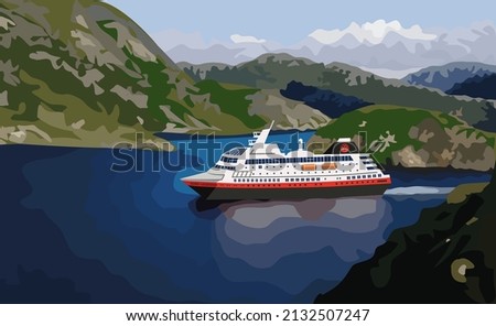 Vector realistic illustration of a large white cruise ship isolated against the blue sky of mountains