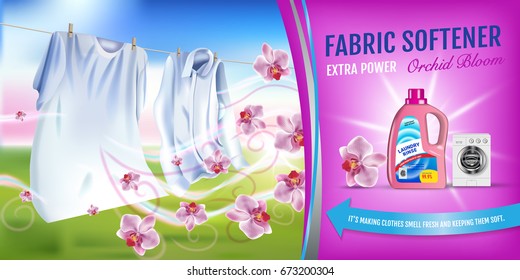 Vector realistic Illustration with laundry clothes and softener rinse container. Horizontal banner