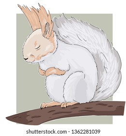 Vector realistic illustration of little cute squirrel isolated on green background. Can be used for greeting card, poster, web page. Hand drawn art of squirrel. Animal sketch.