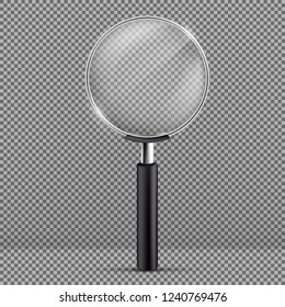 Vector realistic illustration of magnifier with black plastic handle isolated on transparent background. Magnifying glass, optical equipment to zoom small details, instrument for search