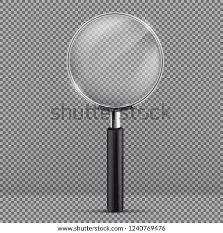 Vector realistic illustration of magnifier with black plastic handle isolated on transparent background. Magnifying glass, optical equipment to zoom small details, instrument for search