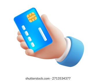 Vektor realistische Illustration von Mann Hand halten blaue Bankkarte. 3D-Cartoon-Stil Design von Kunststoff Debit oder Kreditkarte in der Hand. Bezahlung Online-Symbol, Zahlung Business-Technologie. Elektronisches Geld