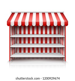 Vector realistic illustration of market stall with red and white striped awning isolated on background. Mockup of stand with canopy, empty showcase with metal racks and shelves for street trading
