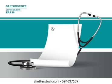 Vector realistic illustration. Medical prescription and stethoscope. Health care concept with phonendoscope