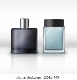 Vector realistic illustration of men perfume bottles of different form isolated on light background