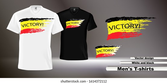 Vector realistic illustration of men's clothing. White and black men's t-shirts. Image of the flag of Germany with the inscription on the T-shirt. Isolated image of t-shirts.