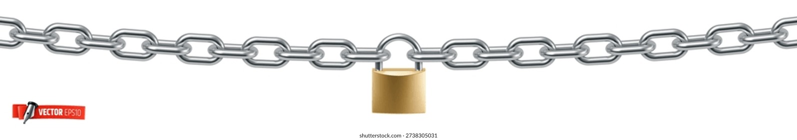 Vector realistic illustration of a metal chain with a padlock on a white background.