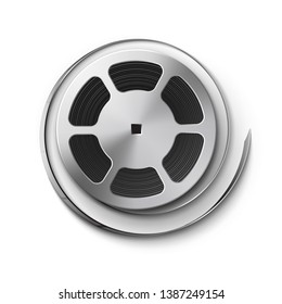 Vector realistic illustration of metal film reel with ribbon close up top view isolated on white background