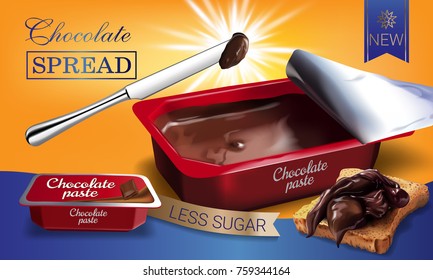 Vector realistic illustration of milk chocolate spread. Horizontal ads poster with product.