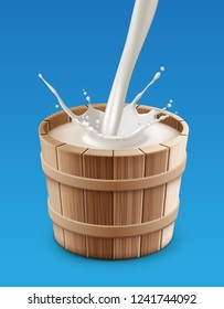 Vector realistic illustration of milk pouring with splash into wooden bucket isolated on background