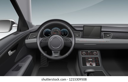 Vector realistic illustration of modern car interior with dark dashboard and wheel inside salon. Driver's seat, steering wheel and control panel