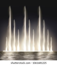 Vector realistic illustration of modern lit night water waterfall music musical fountain illuminated isolated on dark background