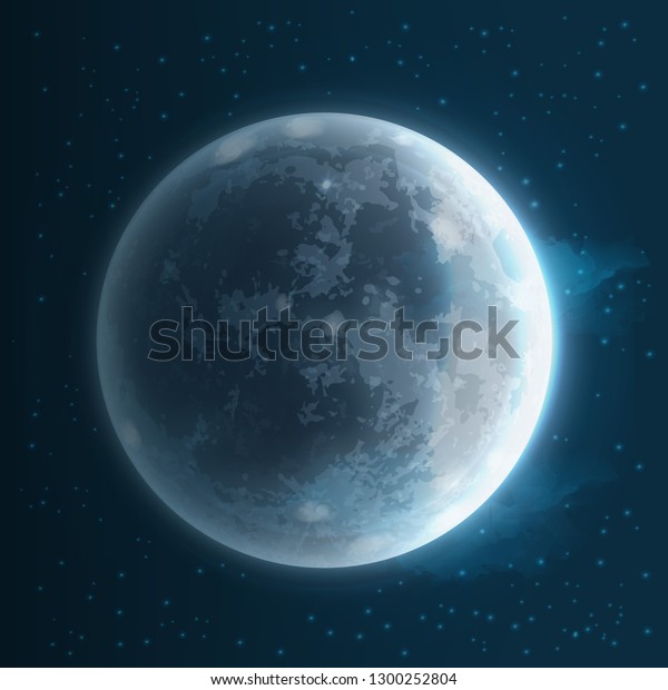 Vector realistic illustration of\
Moon with glow around  close up isolated on dark blue\
background