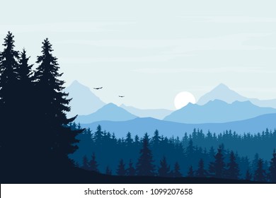 Vector realistic illustration of mountain landscape with forest, blue sky with clouds, birds and rising sun