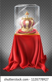 Vector realistic illustration of museum exhibit, royal golden crown closed under glass showcase, isolated on transparent background. Podium covered with red velvet cloth to display showpieces