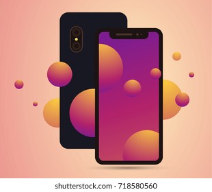 Vector realistic illustration of new mobile phone front and back side with shadow. Smartphone mockup with colorful lock screen with bubbles on pink background. Design of phone eps10 format for web