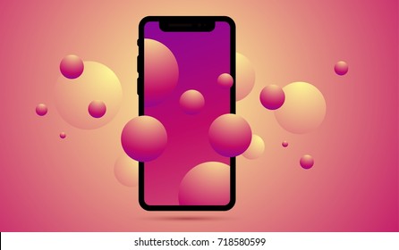 Vector realistic illustration of new mobile phone front side with shadow. Smartphone mockup with lock screen on colorful background with bubbles. Design of phone eps10 format for web, site, banner