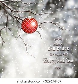 Vector realistic illustration with New Year's ball on the tree and snowfall. Christmas and New Year theme.