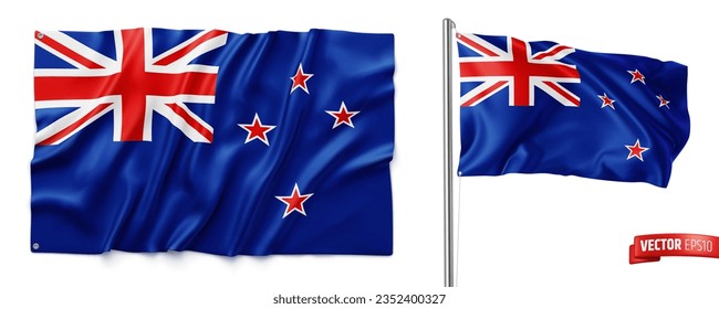 Vector realistic illustration of New Zealand flags on a white background.