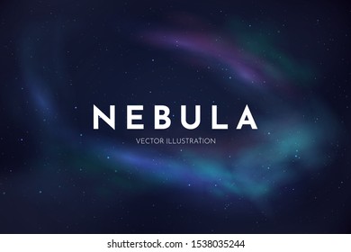 Vector realistic illustration. Night cosmic sky. Wallpaper. Nebula in space. Template for website or game. Abstract banner. Dark starry background. Milky Way. Minimalistic style. Copy space for text