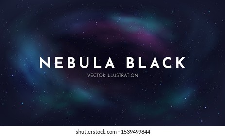 Vector realistic illustration. Night cosmic sky. Wallpaper. Nebula in space. Template for website or game. Abstract banner. Dark starry background. Milky Way. Minimalistic style. Copy space for text